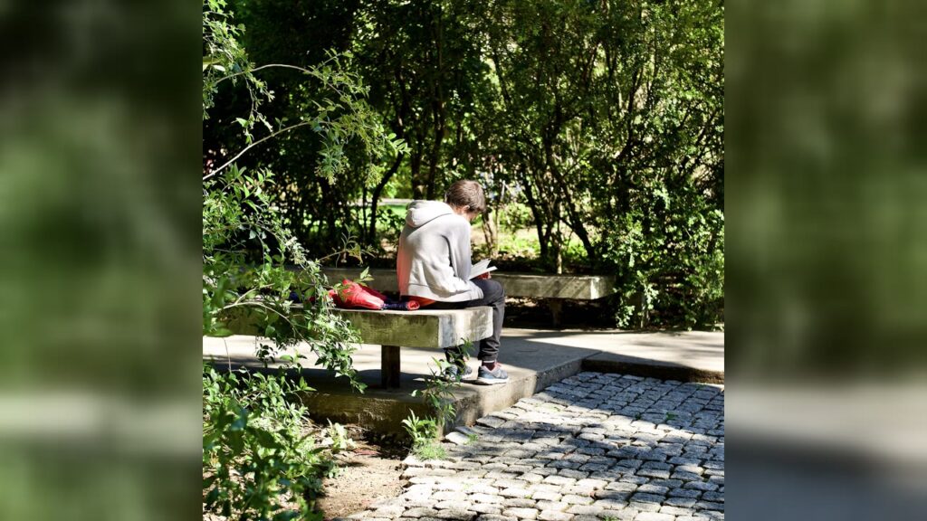 Jovem sentado num banco de pedra a ler um livro no jardim da Fundação Calouste Gulbenkian, em Lisboa